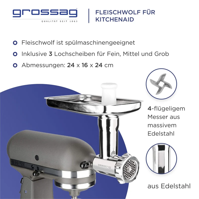 accessorio per tritacarne Grossag per robot da cucina - realizzato in acciaio inossidabile di alta qualità
