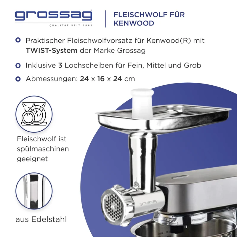 accessorio per tritacarne Grossag per robot da cucina - realizzato in acciaio inossidabile di alta qualità