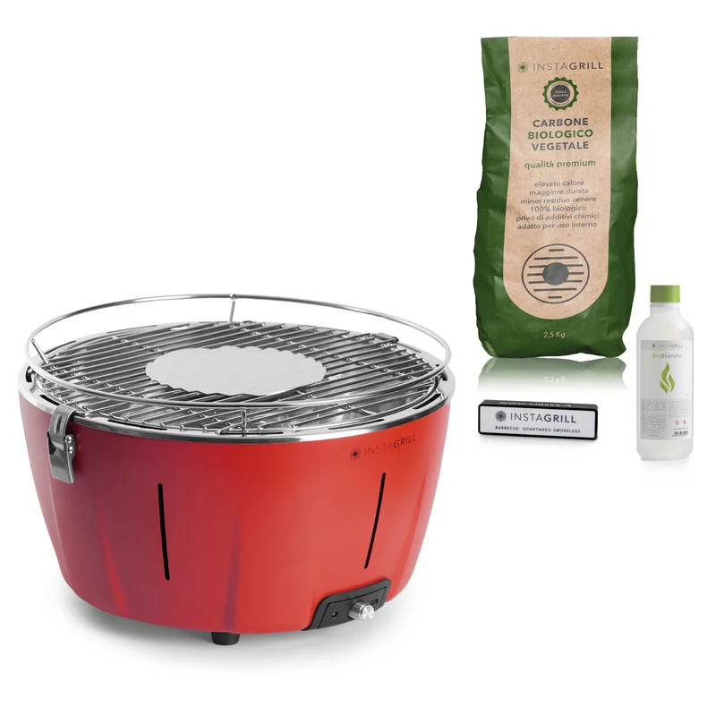 Barbecue da tavolo senza fumo portatile InstaGrill | PAK con carbone e BioEtanolo inclusi | colore Rosso Corallo