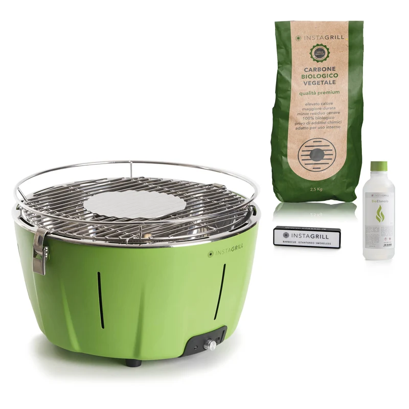 Barbecue da tavolo senza fumo portatile InstaGrill | PAK con carbone e BioEtanolo inclusi | colore Verde
