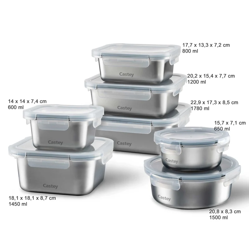 CASTEY Frischhaltedose aus Edelstahl mikrowellengeeignet 1,45 L quadratisch