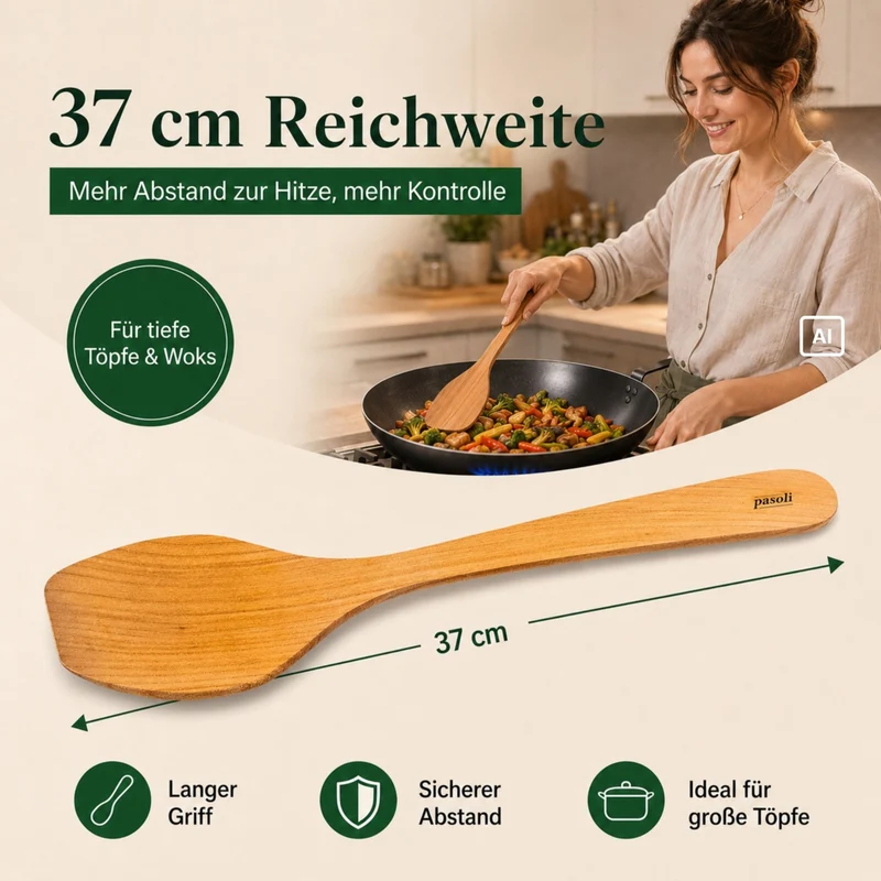 Pasoli spatola wok in legno di ciliegio oliato, 37 cm