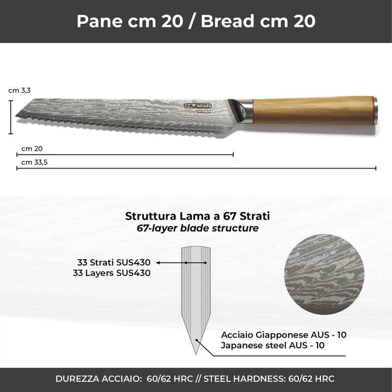 Set 7 Coltelli in Acciaio Damascato Giapponese AUS-10 manico Olivo