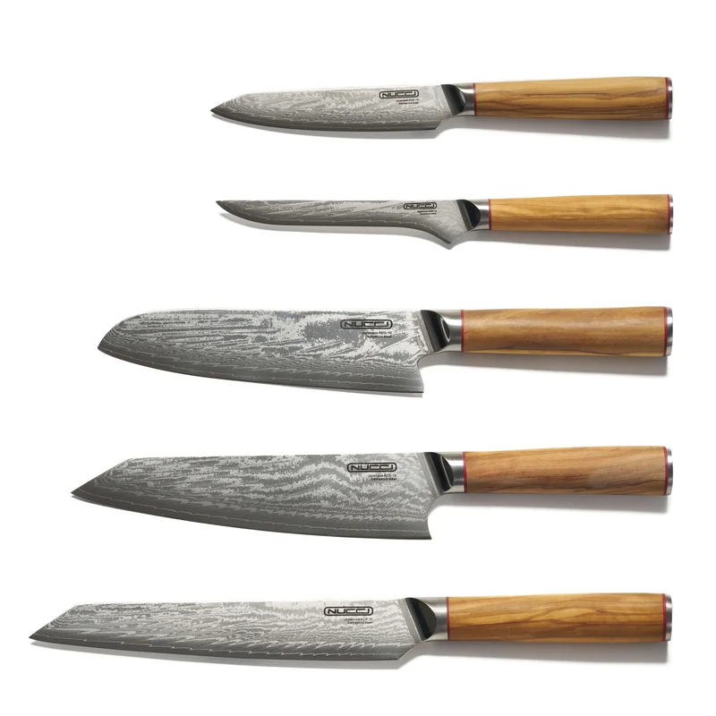 Set 5 Coltelli in Acciaio Damascato Giapponese AUS-10 manico Olivo