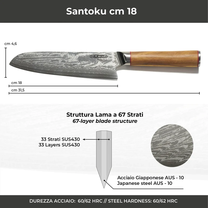 Coltello Santoku cm 18 Damascato Acciaio Giapponese AUS-10 manico Olivo