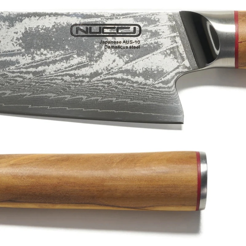 Coltello Santoku cm 18 Damascato Acciaio Giapponese AUS-10 manico Olivo