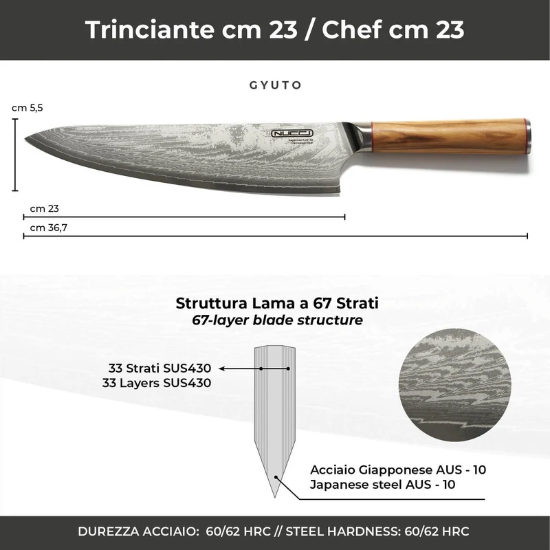 Coltello Trinciante cm 23 Damascato Acciaio Giapponese AUS-10 manico Olivo