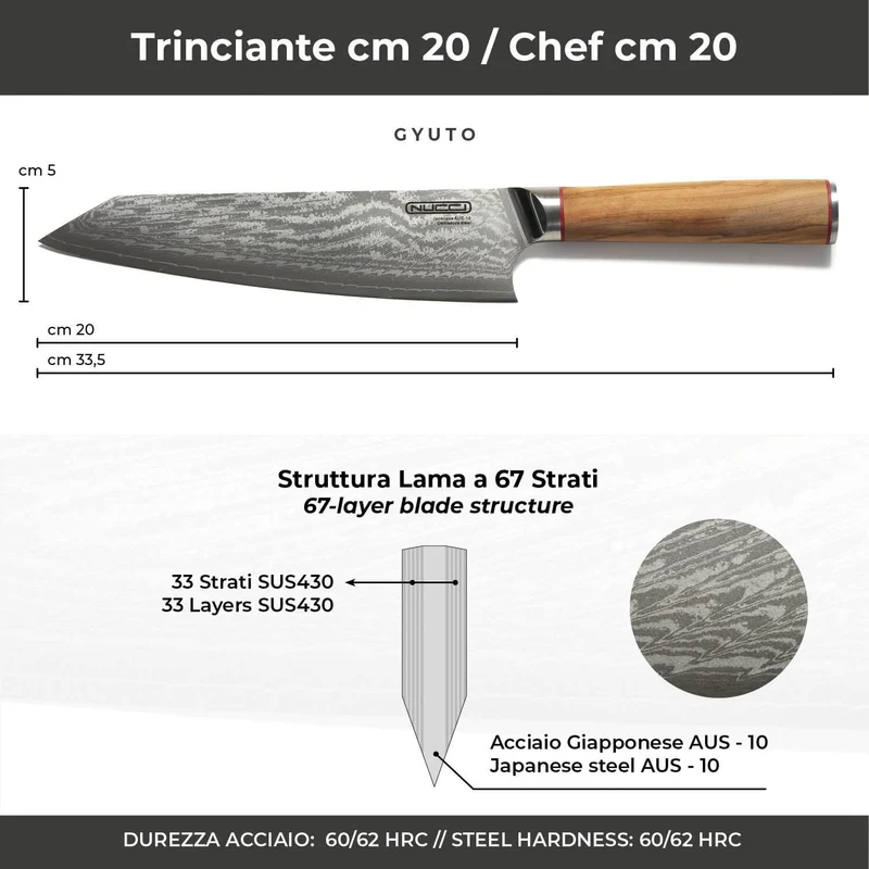 Coltello Trinciante cm 20 Damascato Acciaio Giapponese AUS-10 manico Olivo