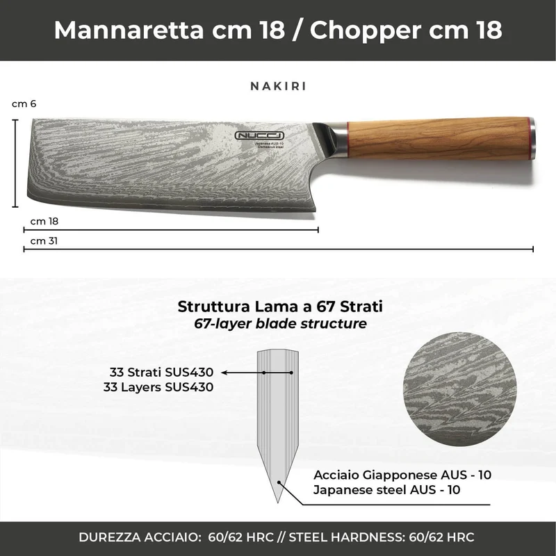 Mannaretta cm 18 Damascato Acciaio Giapponese AUS-10 manico Olivo