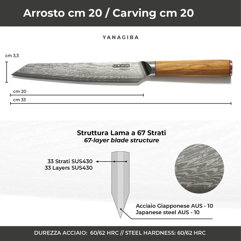 Coltello Arrosto cm 20 Damascato Acciaio Giapponese AUS-10 manico Olivo