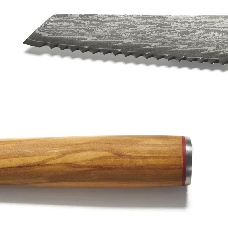 Coltello Pane cm 20 Damascato Acciaio Giapponese AUS-10 manico Olivo