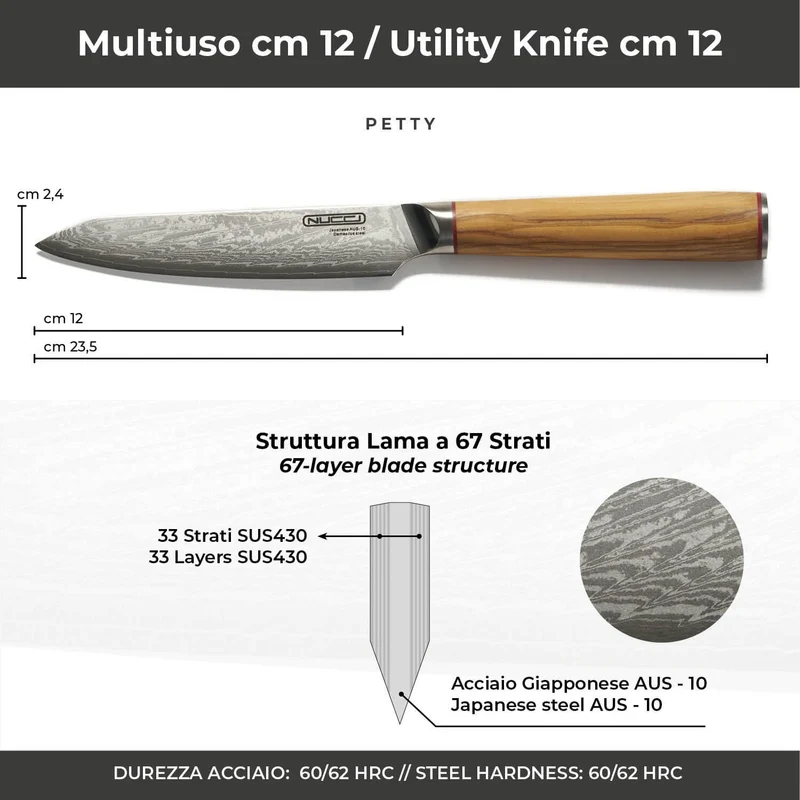 Coltello Multiuso cm 12 Damascato Acciaio Giapponese AUS-10 manico Olivo