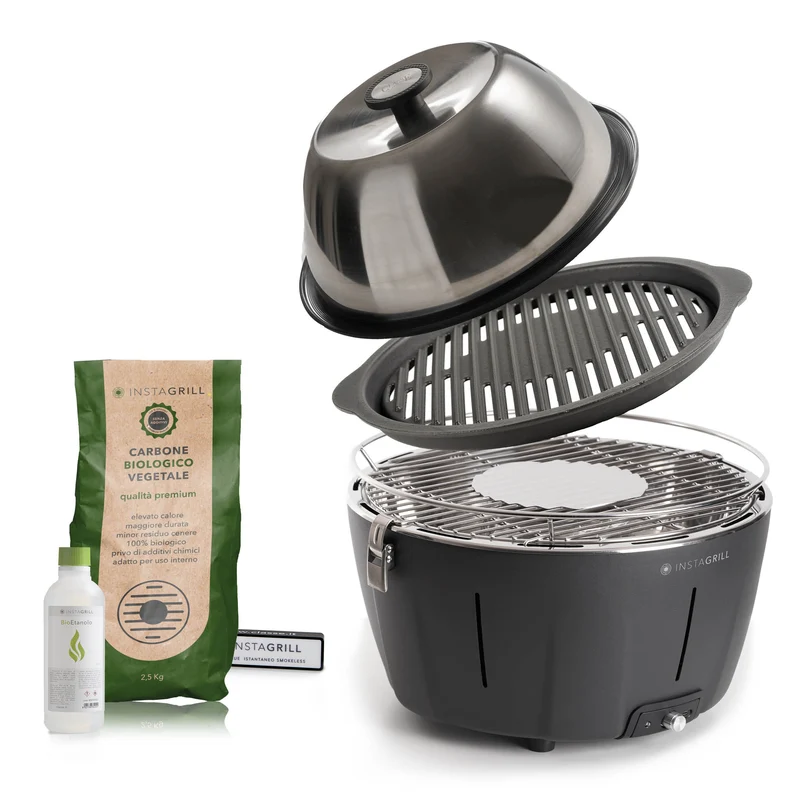 InstaGrill PRO Barbecue da tavolo senza fumo portatile con Griglia in Ghisa e coperchio forno