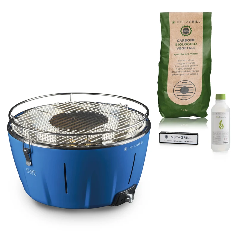 Barbecue da tavolo senza fumo portatile InstaGrill | PAK con carbone e BioEtanolo inclusi | colore Blu Oceano