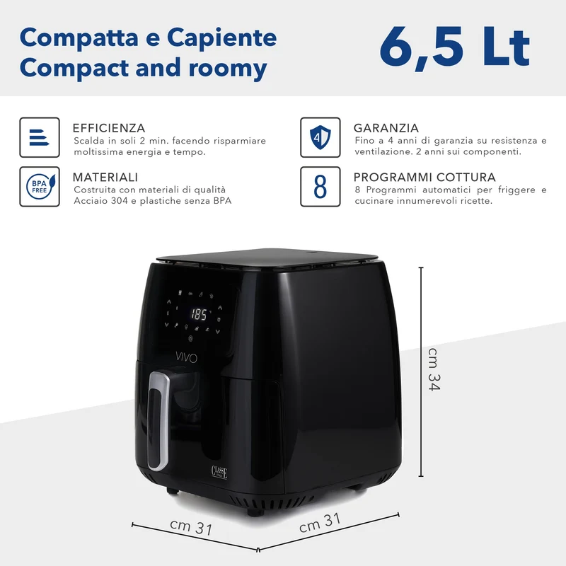 Friggitrice ad Aria 6,5 Lt Nero Lucido| VIVO Air Fryer