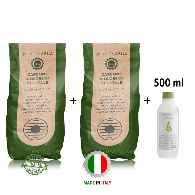 Carbonella per Instagrill Vegetale di alta Qualità - PAK 5Kg + Bioetanolo gel 500ml