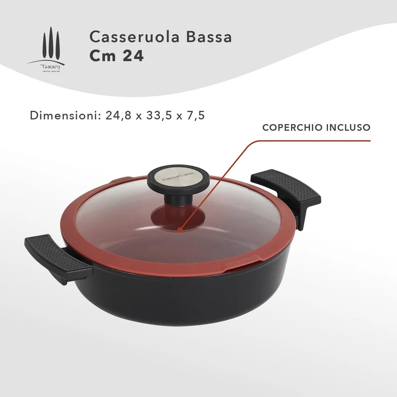 Casseruola Bassa Antiaderente Ecologica con Coperchio - Linea Tuscany