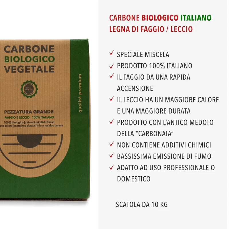 Carbone Vegetale di Legna di alta Qualità - Faggio e Leccio 10Kg - Pezzatura Grande