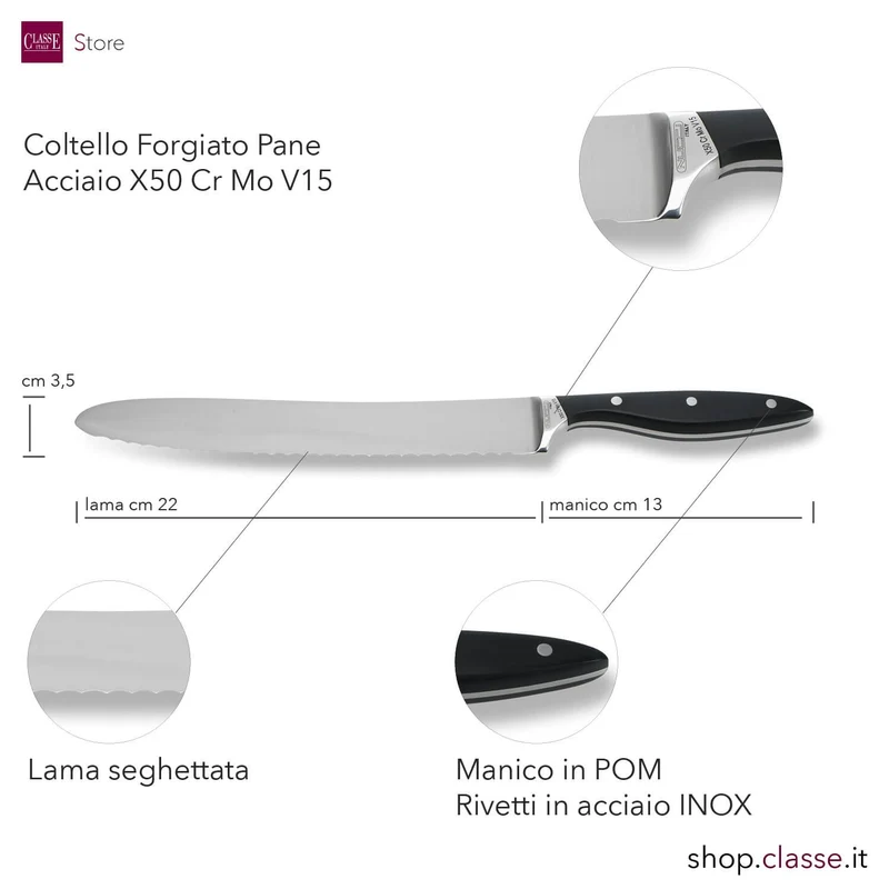 COLTELLO PANE CM22 FORGIATO MANICO NERO