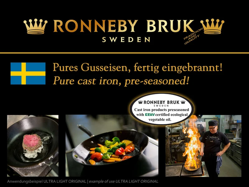 RONNEBY BRUK Gusseisen Bratpfanne MAESTRO 28 cm Eichenholzgriff, schon eingebrannt