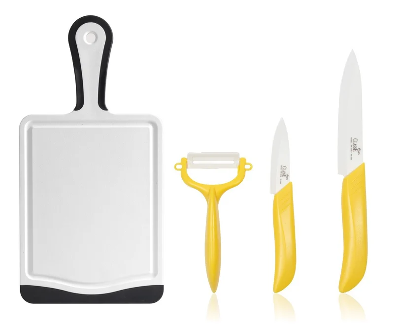 Coltelli in Ceramica Set 3 Pz Frutta e Verdura Crude + Tagliere con manico 35 x 20