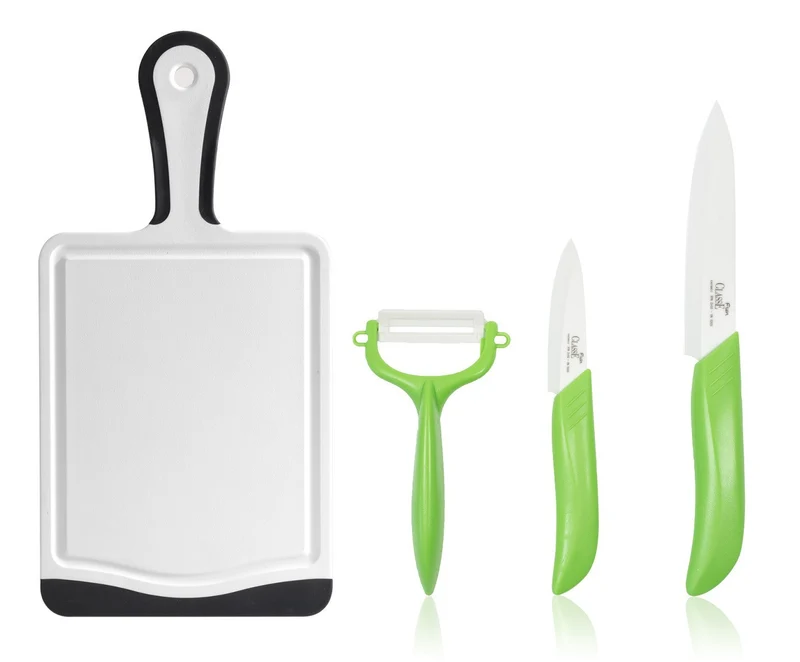 Coltelli in Ceramica Set 3 Pz Frutta e Verdura Crude + Tagliere con manico 35 x 20