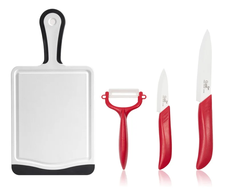 Coltelli in Ceramica Set 3 Pz Frutta e Verdura Crude + Tagliere con manico 35 x 20