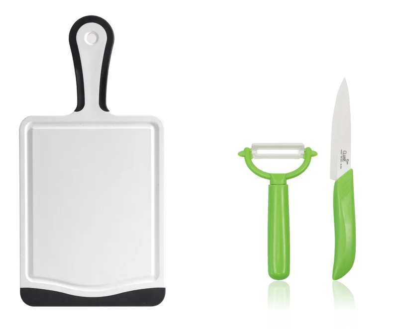 Coltelli in Ceramica Set 2 Pz + Tagliere con manico 35 x 20 Frutta e Verdura Crude