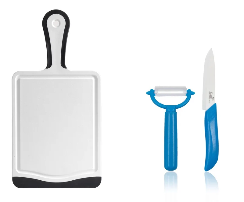 Coltelli in Ceramica Set 2 Pz + Tagliere con manico 35 x 20 Frutta e Verdura Crude