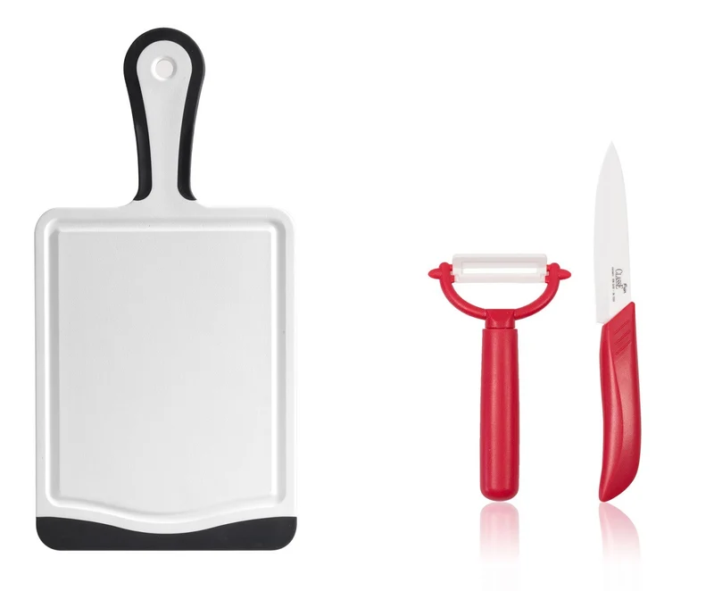 Coltelli in Ceramica Set 2 Pz + Tagliere con manico 35 x 20 Frutta e Verdura Crude
