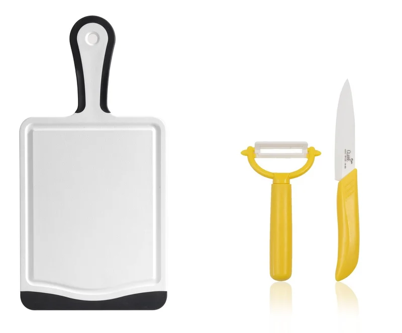 Coltelli in Ceramica Set 2 Pz + Tagliere con manico 35 x 20 Frutta e Verdura Crude