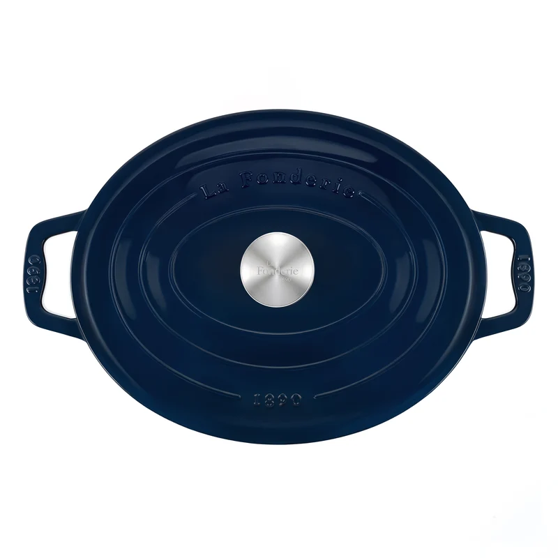 Ⓜ️🔵🔵🔵 La Fonderie 1890 ALMA36 - Pentola a Cocotte ovale in ghisa, smaltata blu, SENZA PFAS, PFAS FREE, pentola con 2 manici e coperchio, ellisse 36 x 28 cm, Capienza 7,7 litri