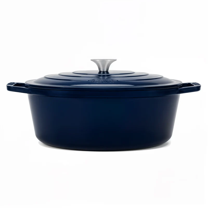 Ⓜ️🔵🔵🔵 La Fonderie 1890 ALMA36 - Pentola a Cocotte ovale in ghisa, smaltata blu, SENZA PFAS, PFAS FREE, pentola con 2 manici e coperchio, ellisse 36 x 28 cm, Capienza 7,7 litri