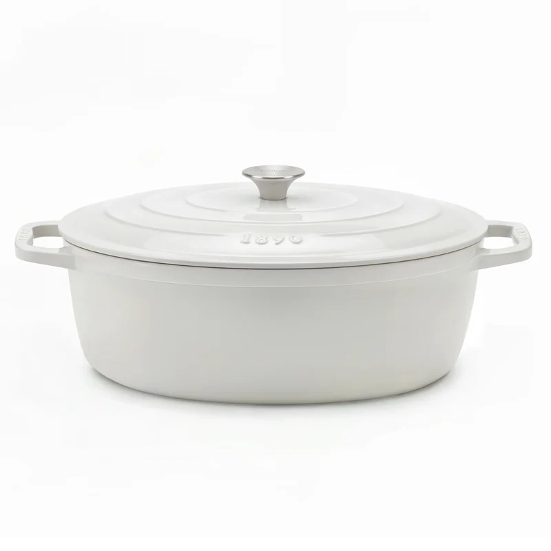 Ⓜ️🔵🔵🔵 La Fonderie 1890 IENA36 - Pentola a Cocotte ovale in ghisa, smaltata beige, SENZA PFAS, PFAS FREE, pentola con 2 manici e coperchio, ellisse 36 x 28 cm, Capienza 7,7 litri