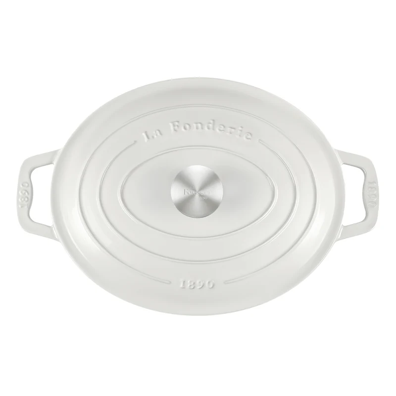 Ⓜ️🔵🔵🔵 La Fonderie 1890 IENA36 - Pentola a Cocotte ovale in ghisa, smaltata beige, SENZA PFAS, PFAS FREE, pentola con 2 manici e coperchio, ellisse 36 x 28 cm, Capienza 7,7 litri