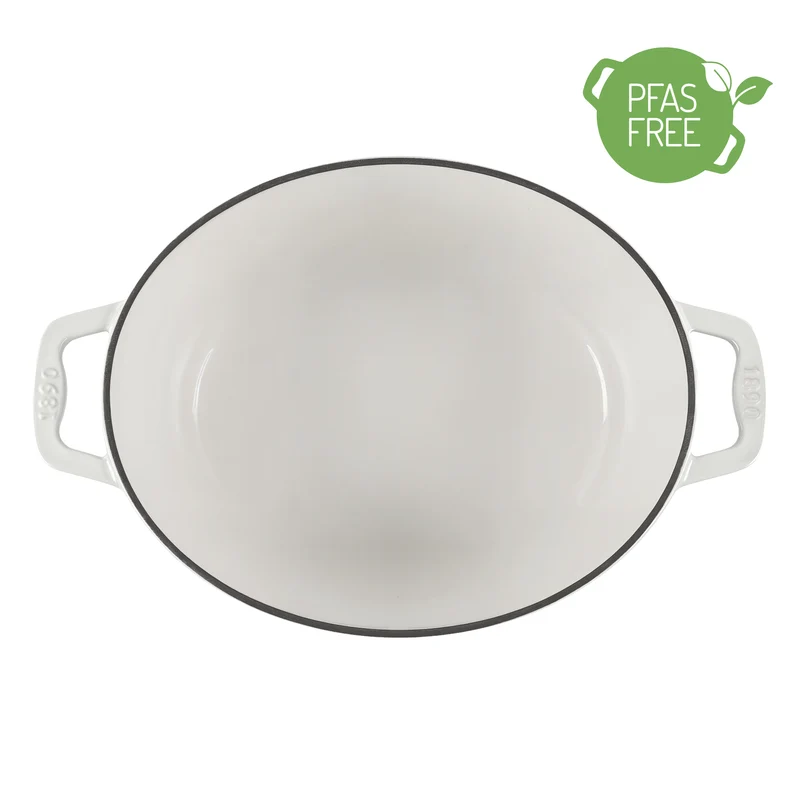Ⓜ️🔵🔵🔵 La Fonderie 1890 IENA36 - Pentola a Cocotte ovale in ghisa, smaltata beige, SENZA PFAS, PFAS FREE, pentola con 2 manici e coperchio, ellisse 36 x 28 cm, Capienza 7,7 litri