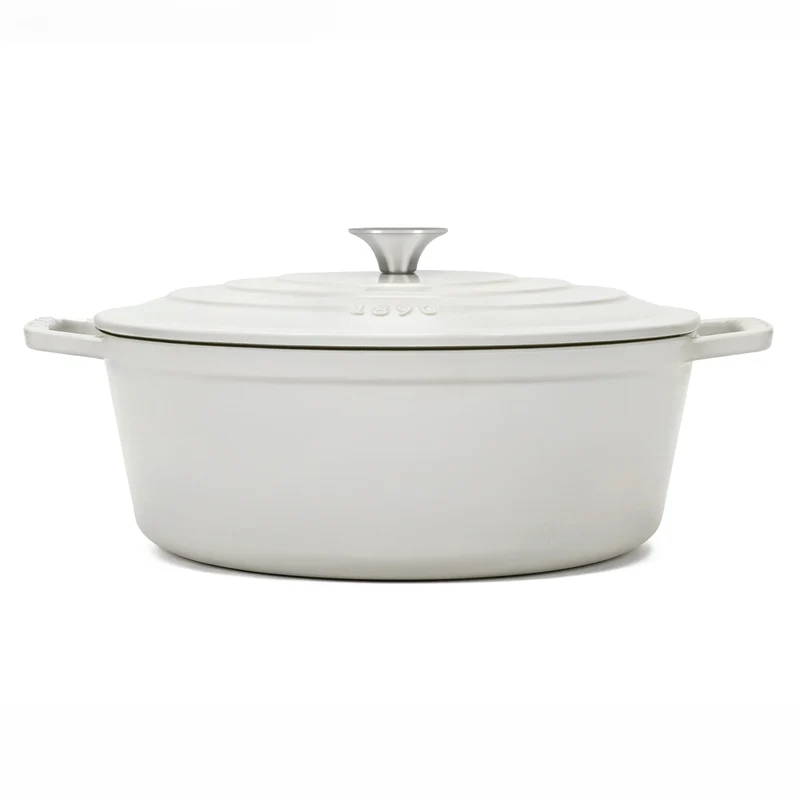 Ⓜ️🔵🔵🔵 La Fonderie 1890 IENA36 - Pentola a Cocotte ovale in ghisa, smaltata beige, SENZA PFAS, PFAS FREE, pentola con 2 manici e coperchio, ellisse 36 x 28 cm, Capienza 7,7 litri