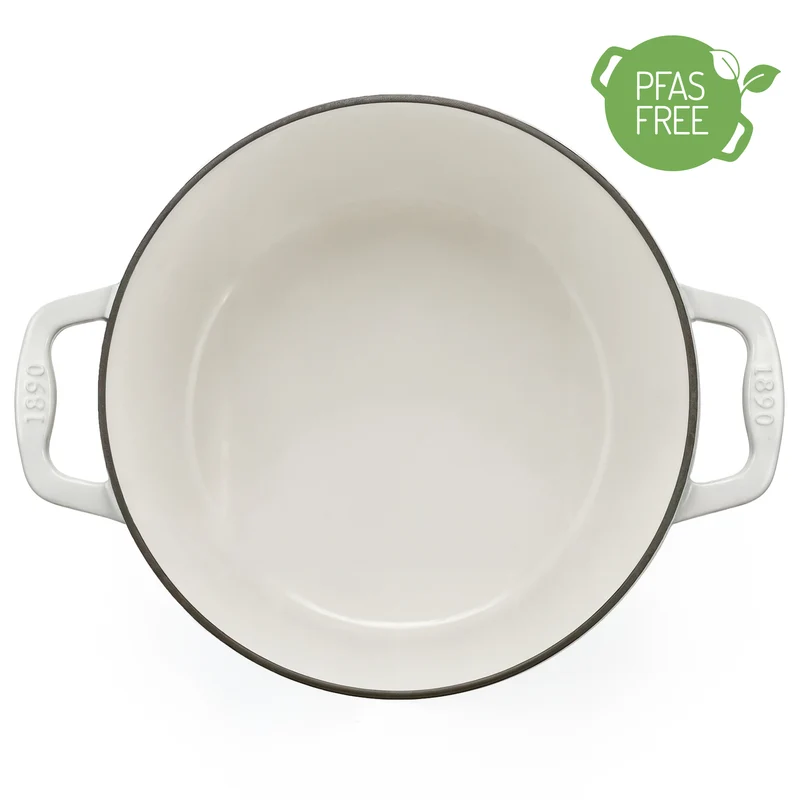 Ⓜ️🔵🔵🔵 La Fonderie 1890 IENA25 - Pentola a Cocotte tonda in ghisa, smaltata beige, SENZA PFAS, PFAS FREE, pentola con 2 manici e coperchio, diametro 25 cm, Capienza 4,7 litri