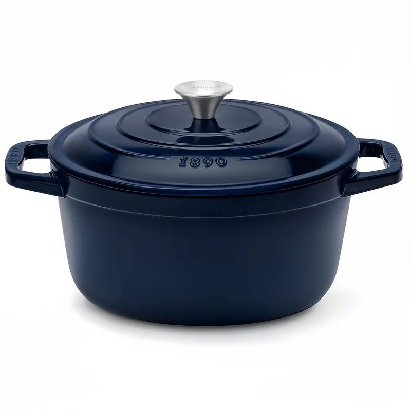 Ⓜ️🔵🔵🔵 La Fonderie 1890 ALMA25 - Pentola a Cocotte tonda in ghisa, smaltata blu, SENZA PFAS, PFAS FREE, pentola con 2 manici e coperchio, diametro 25 cm, Capienza 4,7 litri