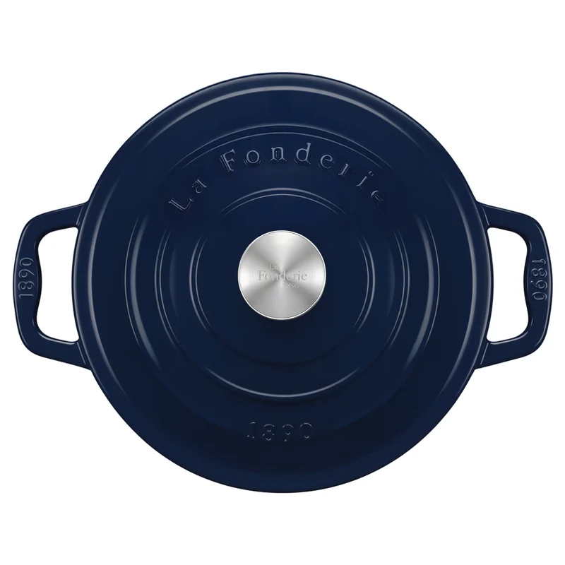 Ⓜ️🔵🔵🔵 La Fonderie 1890 ALMA25 - Pentola a Cocotte tonda in ghisa, smaltata blu, SENZA PFAS, PFAS FREE, pentola con 2 manici e coperchio, diametro 25 cm, Capienza 4,7 litri