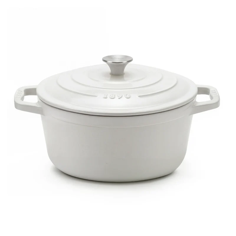 Ⓜ️🔵🔵🔵 La Fonderie 1890 IENA22 - Pentola a Cocotte tonda in ghisa, smaltata beige, SENZA PFAS, PFAS FREE, pentola con 2 manici e coperchio, diametro 22 cm, Capienza 3,3 litri