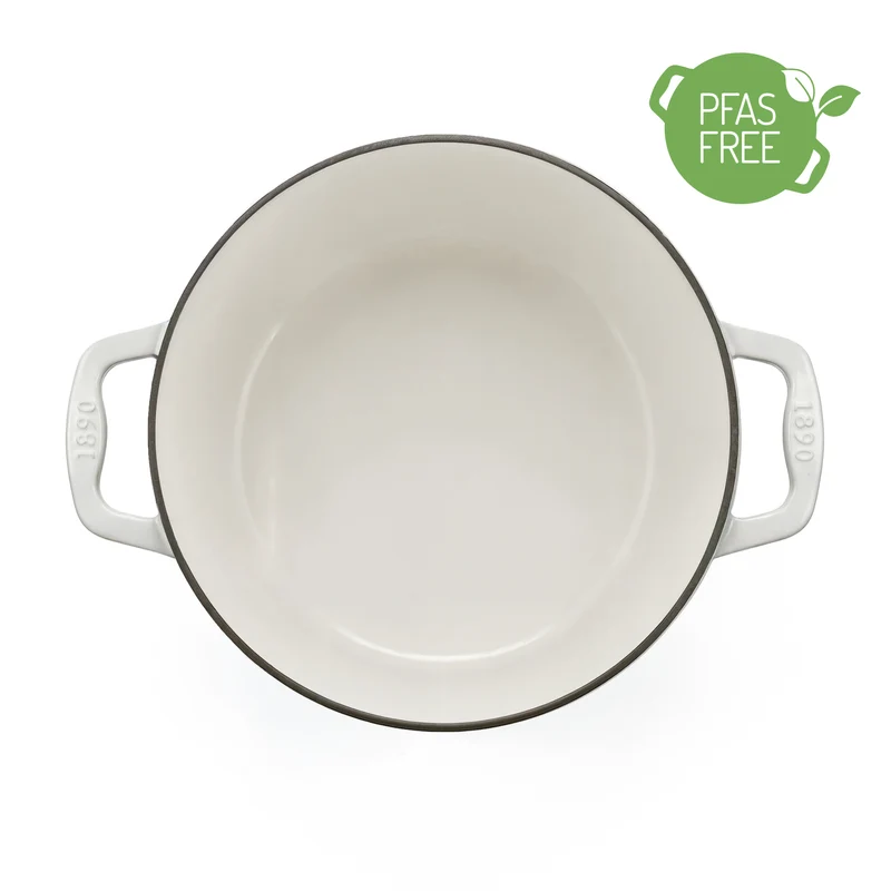 Ⓜ️🔵🔵🔵 La Fonderie 1890 IENA22 - Pentola a Cocotte tonda in ghisa, smaltata beige, SENZA PFAS, PFAS FREE, pentola con 2 manici e coperchio, diametro 22 cm, Capienza 3,3 litri