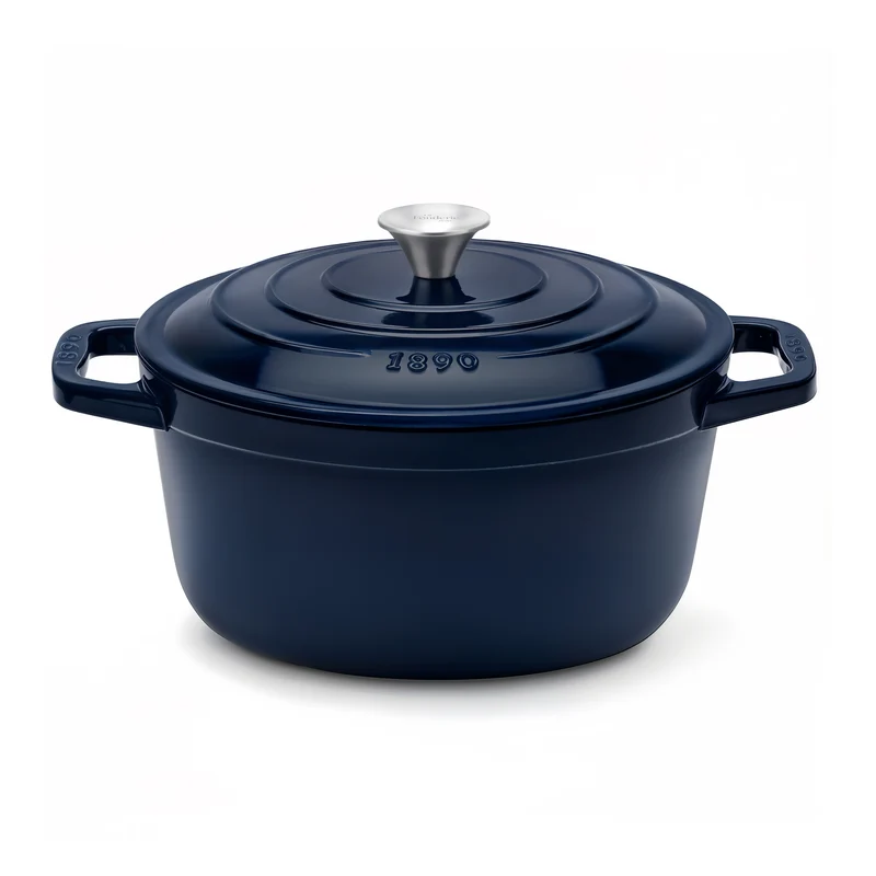 Ⓜ️🔵🔵🔵 La Fonderie 1890 ALMA22 - Pentola a Cocotte tonda in ghisa, smaltata blu, SENZA PFAS, PFAS FREE, pentola con 2 manici e coperchio, diametro 22 cm, Capienza 3,3 litri