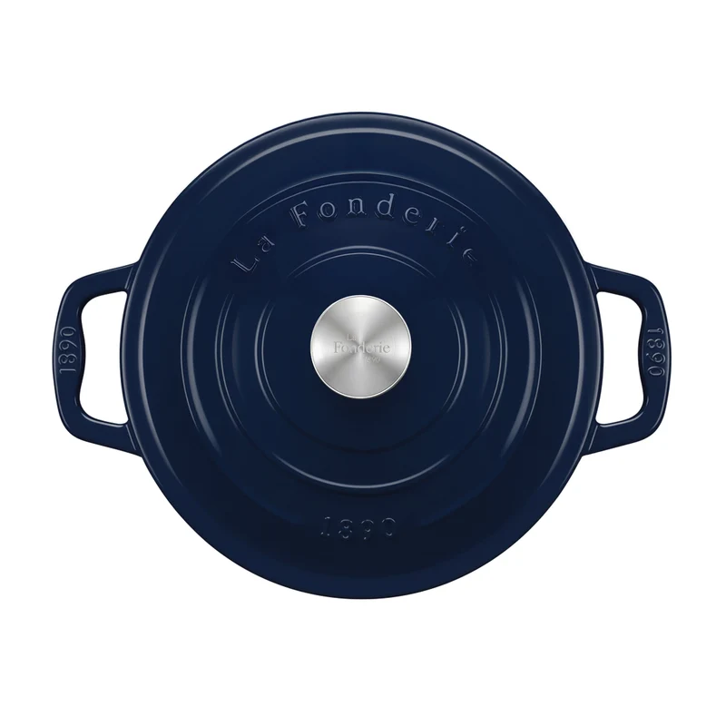 Ⓜ️🔵🔵🔵 La Fonderie 1890 ALMA22 - Pentola a Cocotte tonda in ghisa, smaltata blu, SENZA PFAS, PFAS FREE, pentola con 2 manici e coperchio, diametro 22 cm, Capienza 3,3 litri