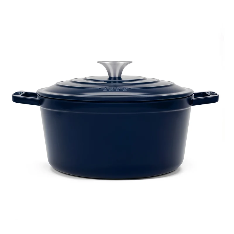 Ⓜ️🔵🔵🔵 La Fonderie 1890 ALMA22 - Pentola a Cocotte tonda in ghisa, smaltata blu, SENZA PFAS, PFAS FREE, pentola con 2 manici e coperchio, diametro 22 cm, Capienza 3,3 litri