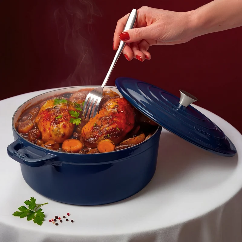 Ⓜ️🔵🔵🔵 La Fonderie 1890 ALMA22 - Pentola a Cocotte tonda in ghisa, smaltata blu, SENZA PFAS, PFAS FREE, pentola con 2 manici e coperchio, diametro 22 cm, Capienza 3,3 litri