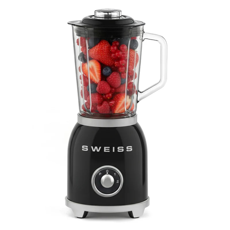 Ⓜ️🔵🔵🔵 SWEISS MXV9 - Frullatore vintage, caraffa in vetro da 1,5 litri, corpo in metallo, lame in acciaio inox, colore NERO RETRÒ con dettagli cromati