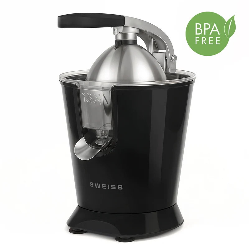 Ⓜ️🔵🔵🔵 SWEISS ZEST9 - Spremiagrumi elettrico di altissima qualità, SENZA BPA GARANTITO, corpo in acciaio inox, rivestimento NERO RETRÒ, lavabile in LAVASTOVIGLIE, con BRACCIO IN ACCIAIO INOX ROBUSTISSIMO