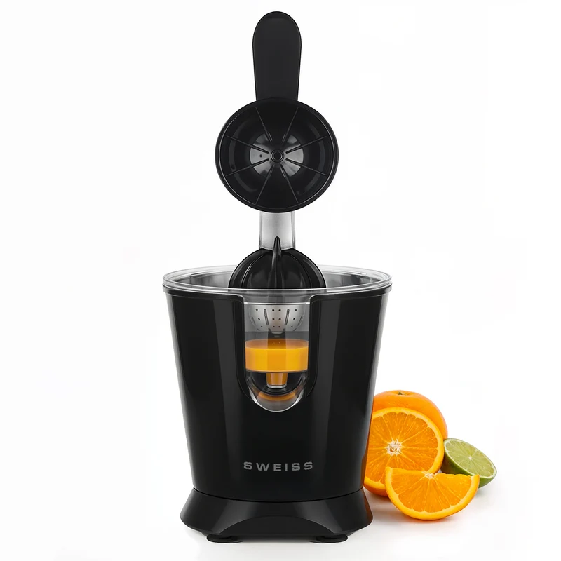 Ⓜ️🔵🔵🔵 SWEISS ZEST9 - Spremiagrumi elettrico di altissima qualità, SENZA BPA GARANTITO, corpo in acciaio inox, rivestimento NERO RETRÒ, lavabile in LAVASTOVIGLIE, con BRACCIO IN ACCIAIO INOX ROBUSTISSIMO