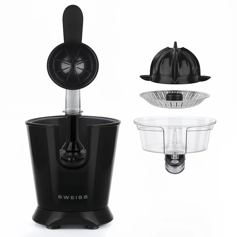 Ⓜ️🔵🔵🔵 SWEISS ZEST9 - Spremiagrumi elettrico di altissima qualità, SENZA BPA GARANTITO, corpo in acciaio inox, rivestimento NERO RETRÒ, lavabile in LAVASTOVIGLIE, con BRACCIO IN ACCIAIO INOX ROBUSTISSIMO